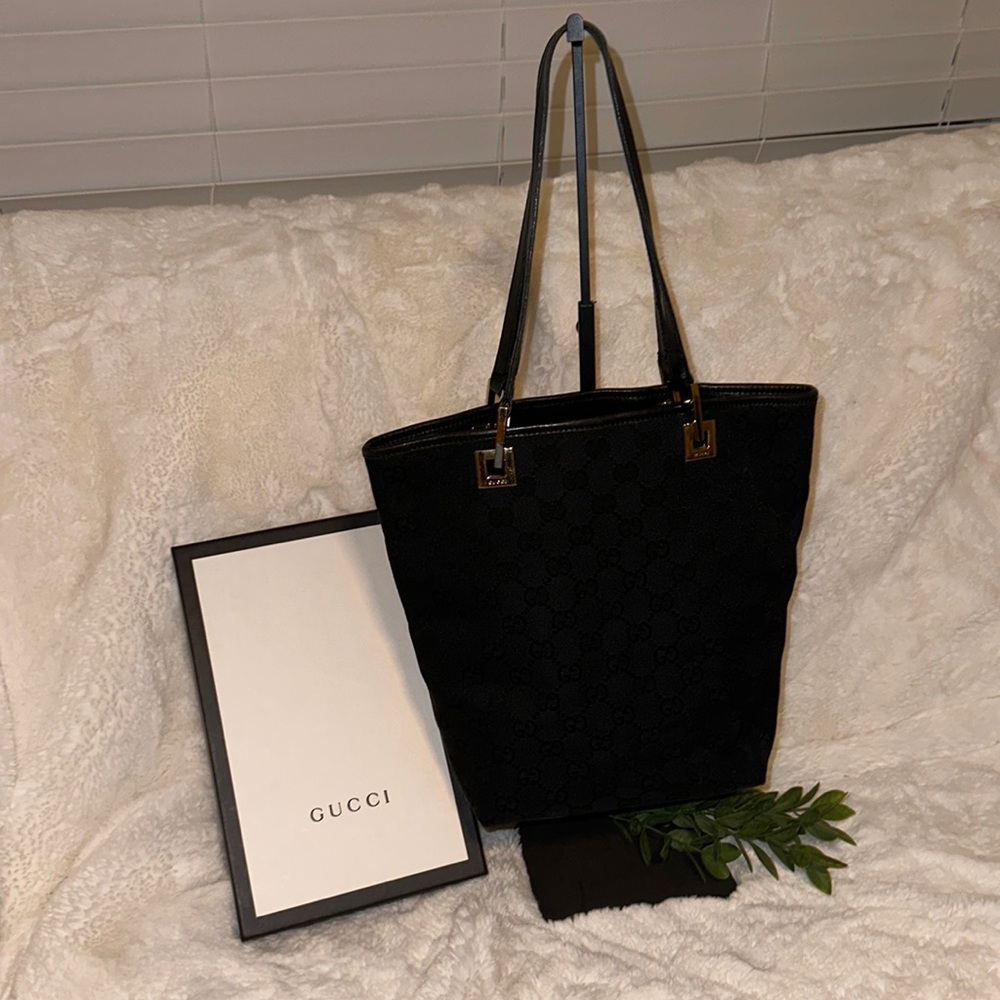 GUCCI 🖤 Black canvas Monogram GG small tote Authentic Vintage leather 10x7 inch